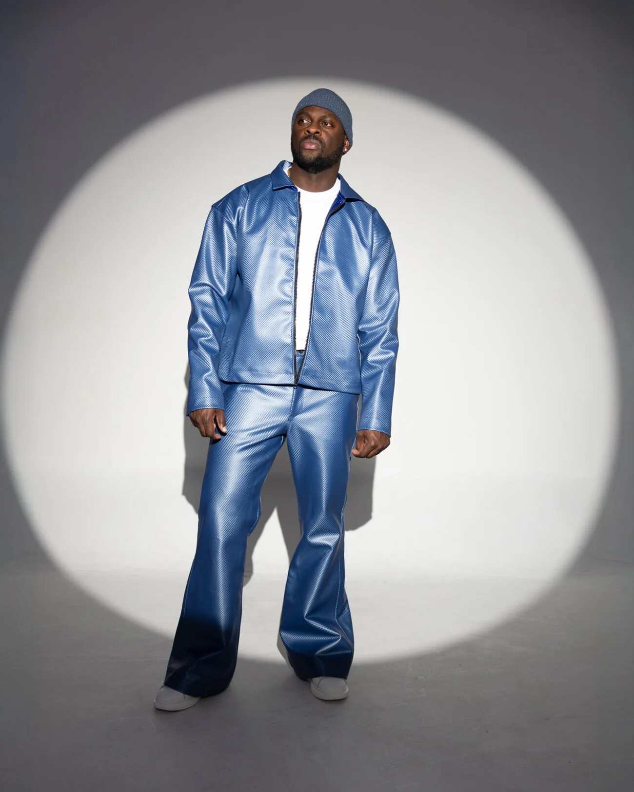 Cobalt patent leather two-piece with flared trouser