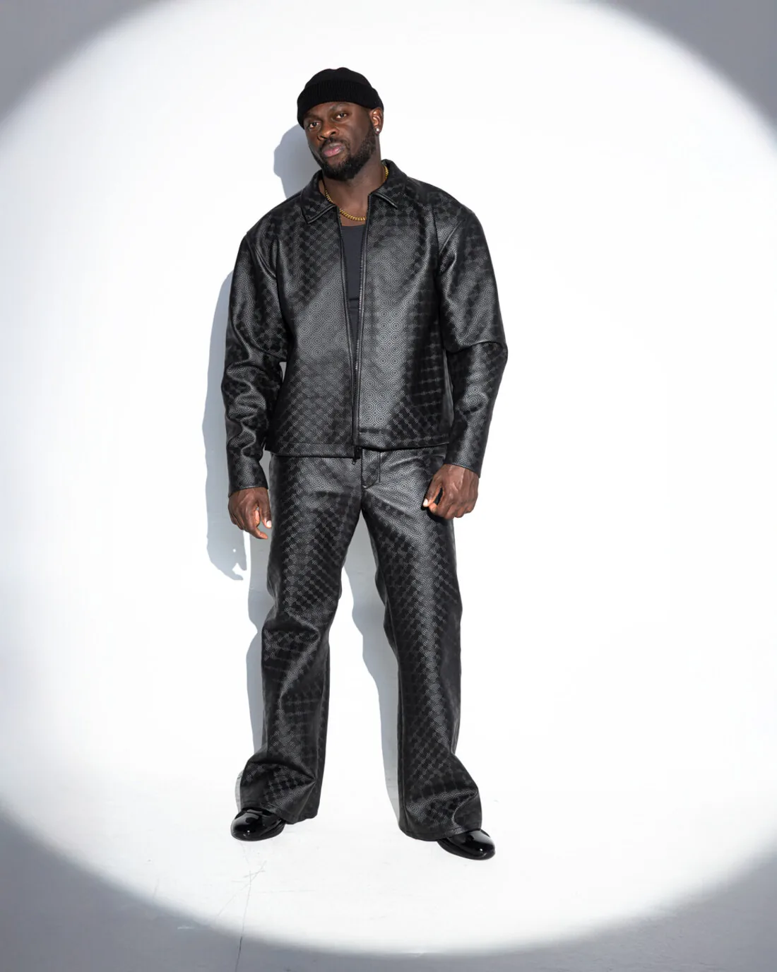 ALTHEAMEN monogram leather suiting, full look